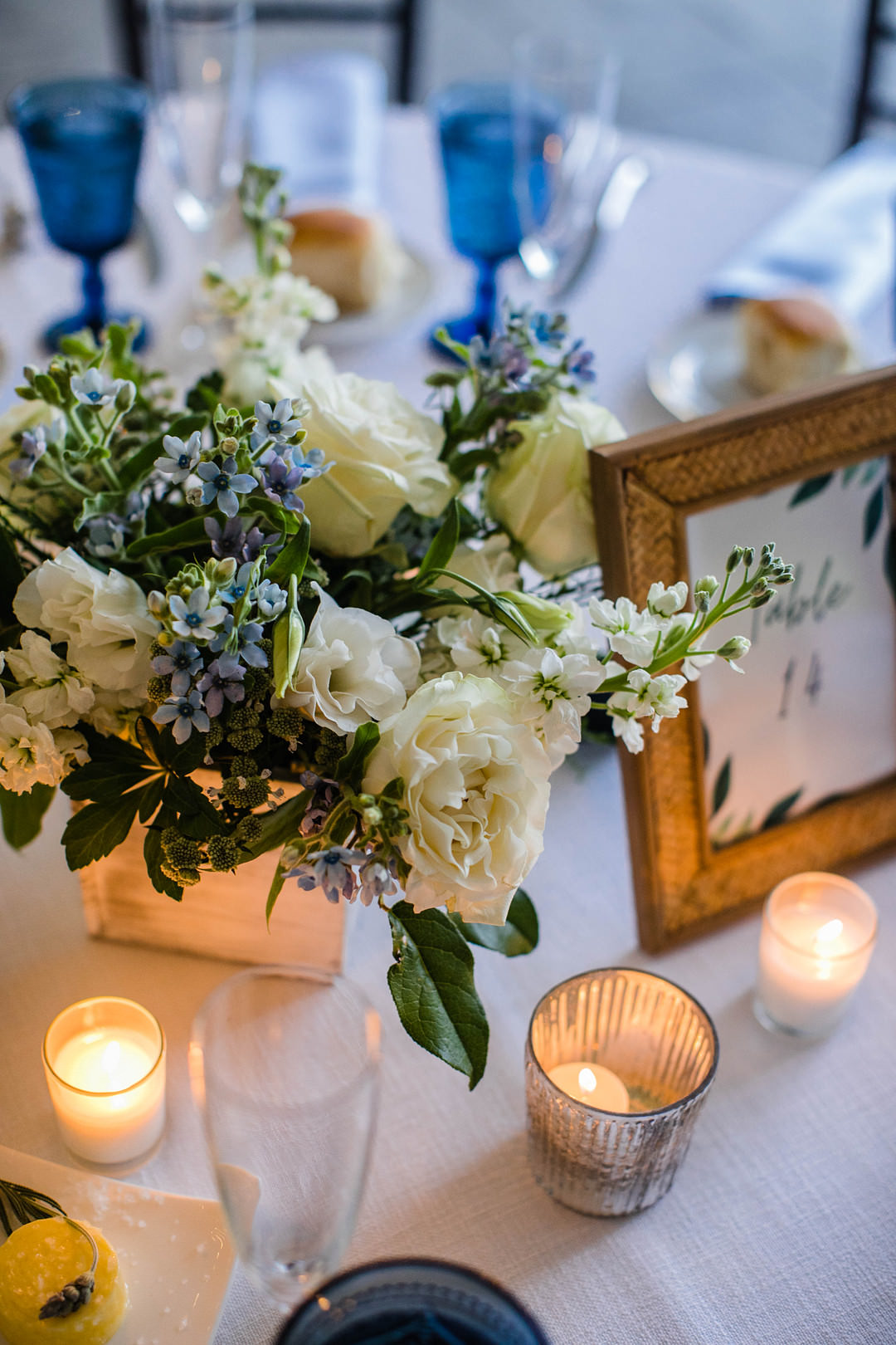 Table Centrepiece Flowers Blue White Blithewold Mansion Wedding M.Studios