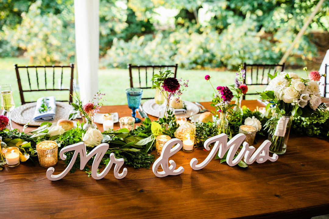 Table Flower Garland Greenery Dahlia Candles Blue Glasses Decor Blithewold Mansion Wedding M.Studios