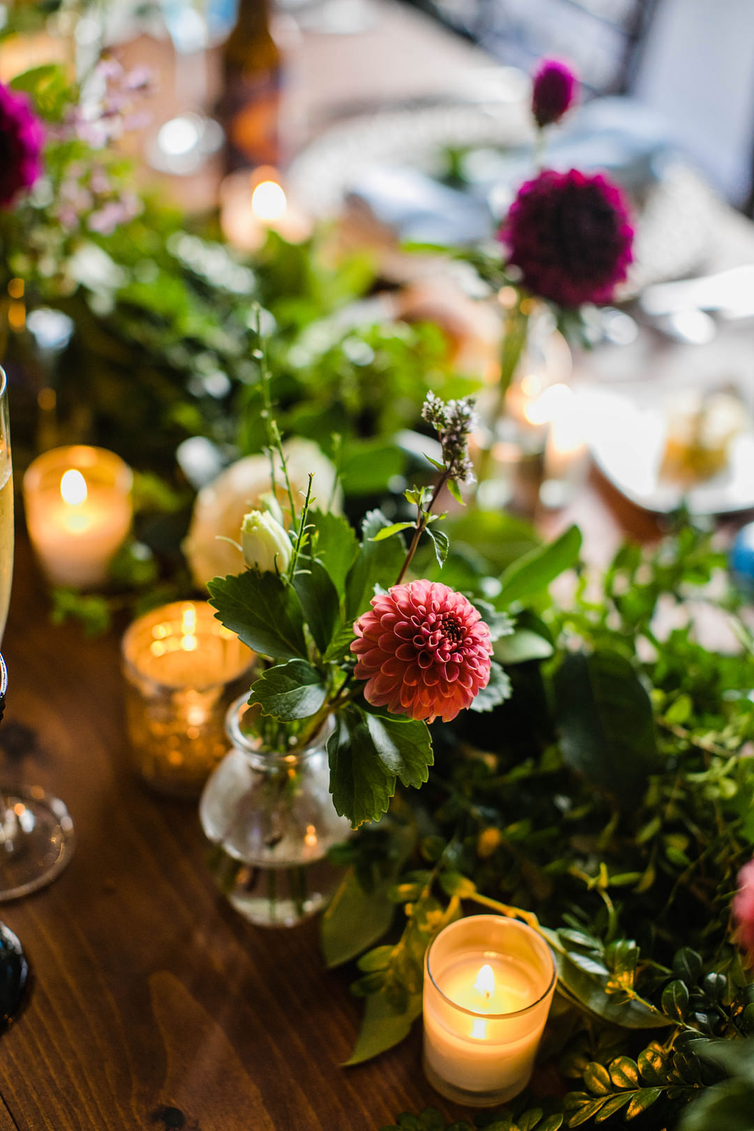 Table Flower Garland Greenery Dahlia Candles Blue Glasses Decor Blithewold Mansion Wedding M.Studios