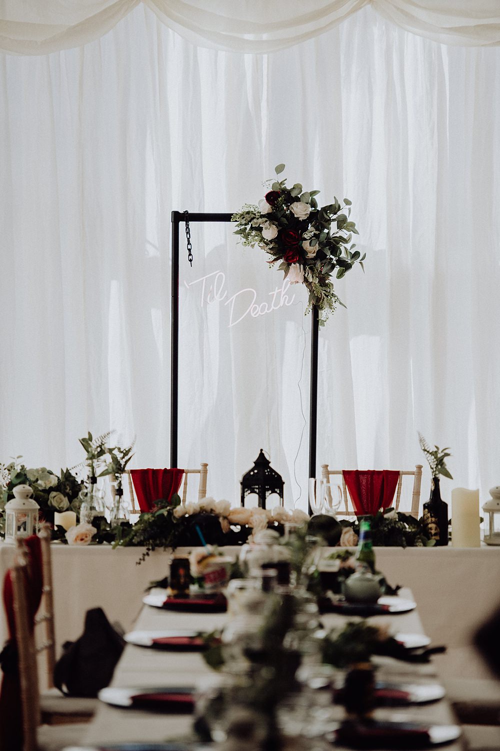 Neon Sign Backdrop Table Decor Flowers Cheddon Fitzpaine Wedding Whoisbenjamin