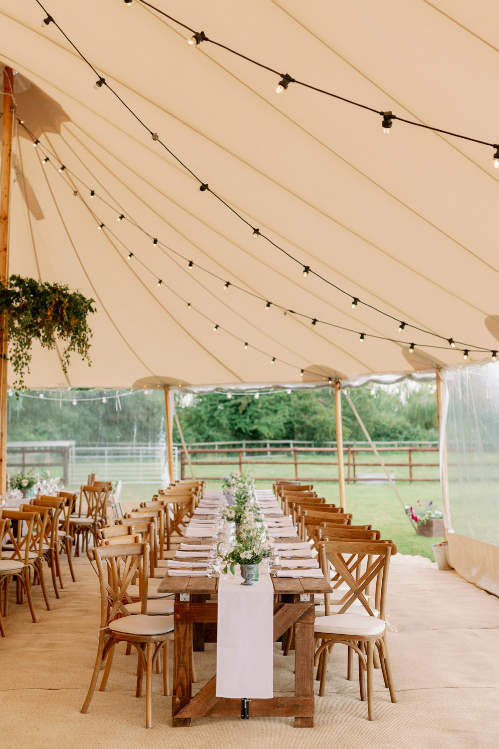 Festoon Lights Wooden Tables Greenery Hoops Decor Cotswolds Marquee Wedding Captured by Katrina