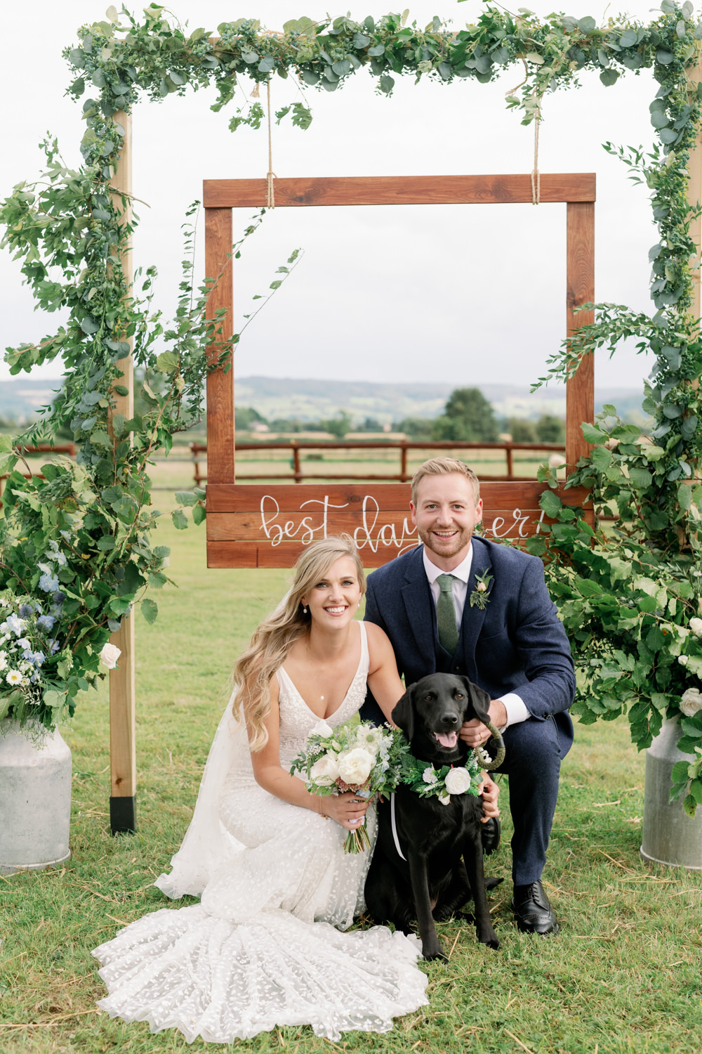 Photobooth Backdrop Frame Greenery Milk Churn Flowers Cotswolds Marquee Wedding Captured by Katrina