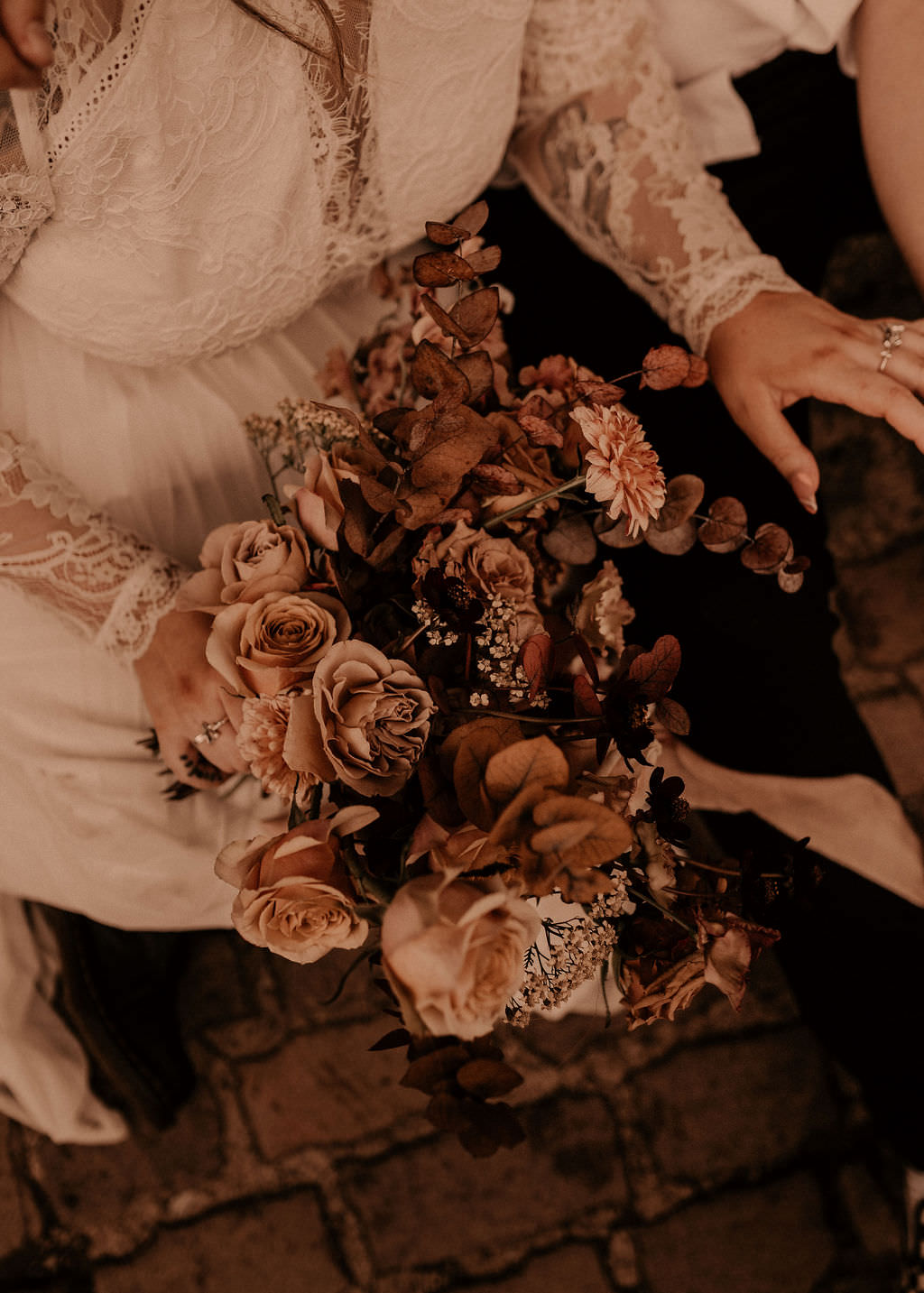 Bouquet Flowers Bride Bridal Toffee Blush Rose Foliage Ribbon Rust Digbeth Wedding Photos By Hash