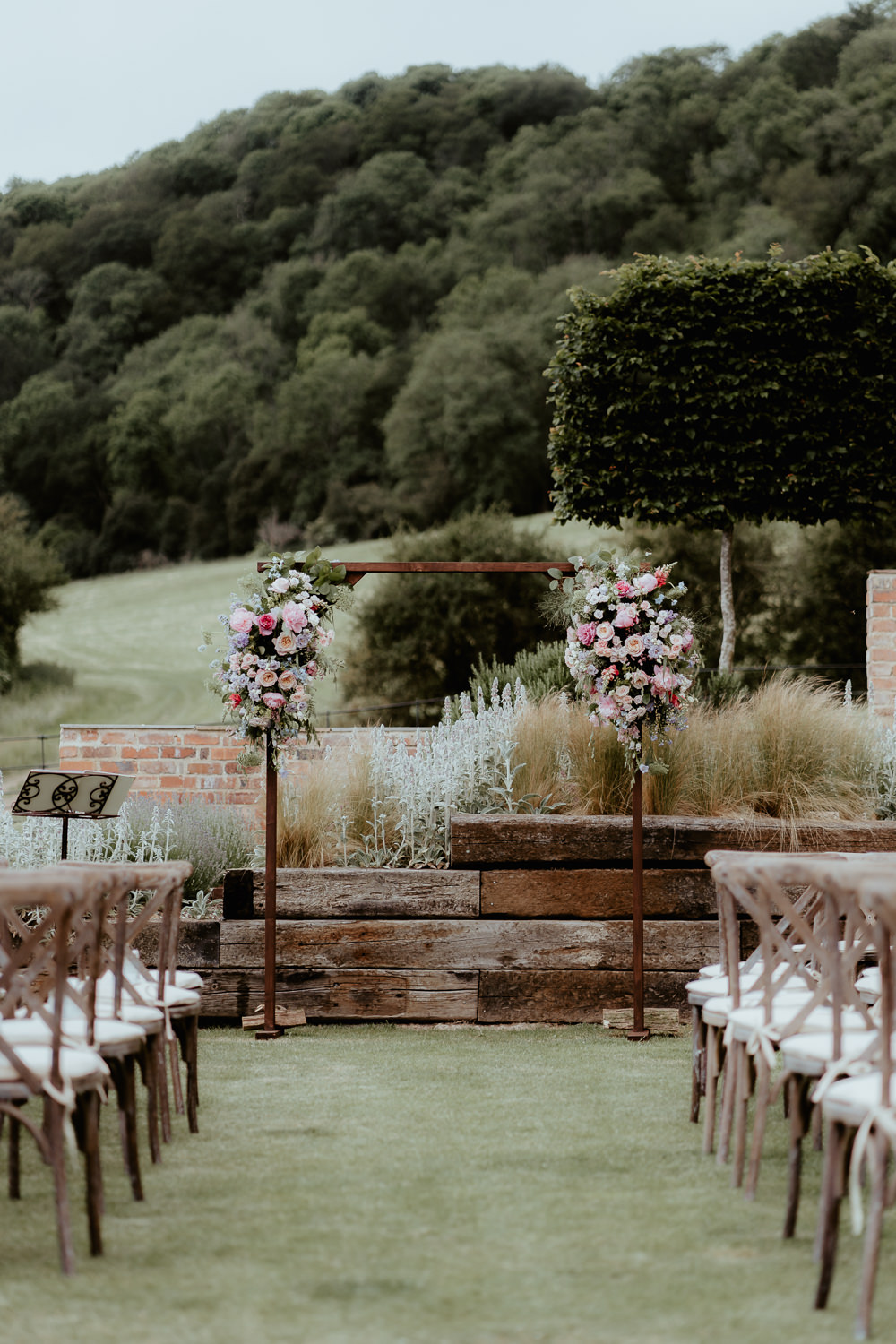 Flower Arch Backdrop Ceremony Pink Blue Fairoaks Wedding Patrick Partridge Photography