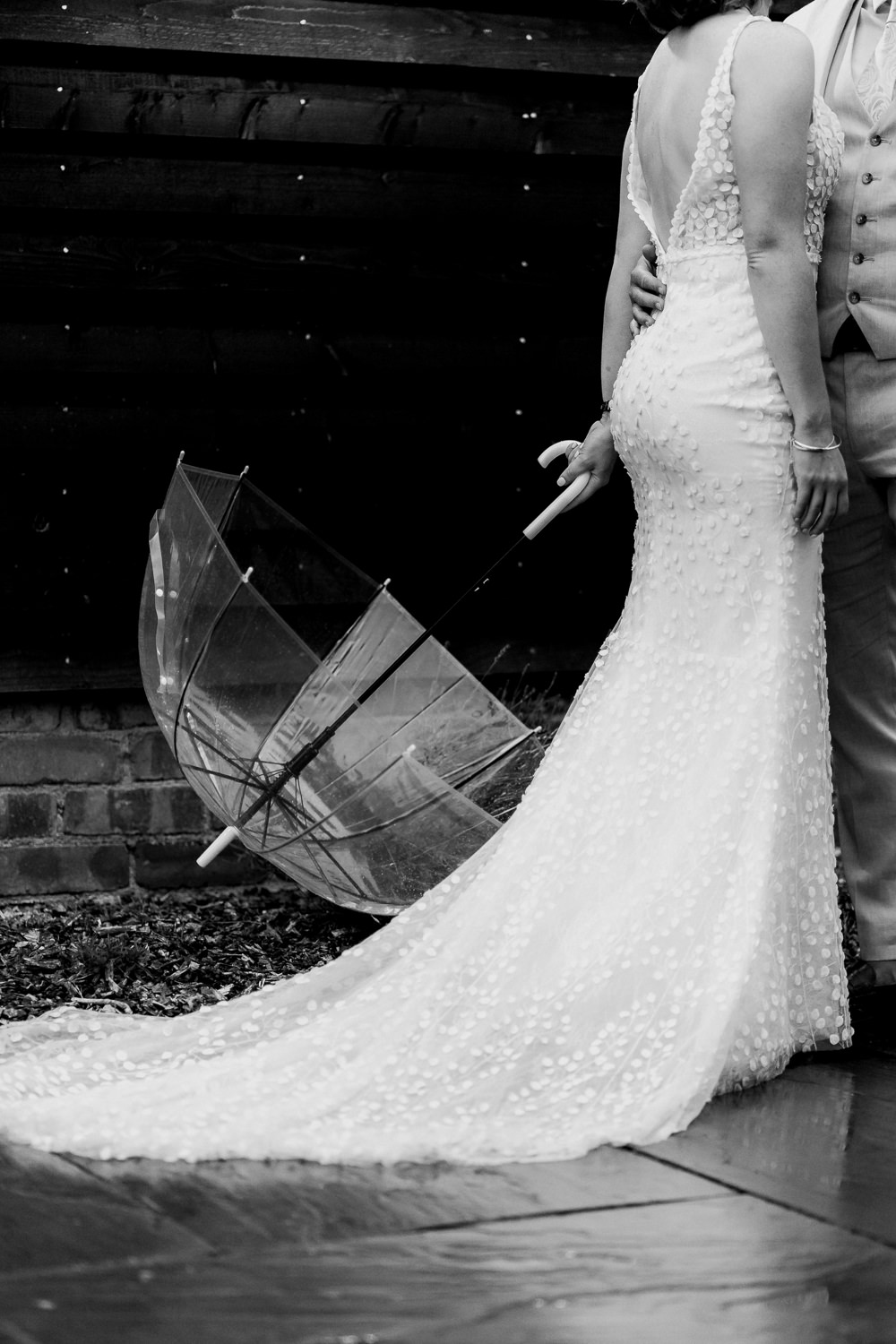 Dress Gown Bride Bridal Applique Rainy Umbrella Fairoaks Wedding Patrick Partridge Photography