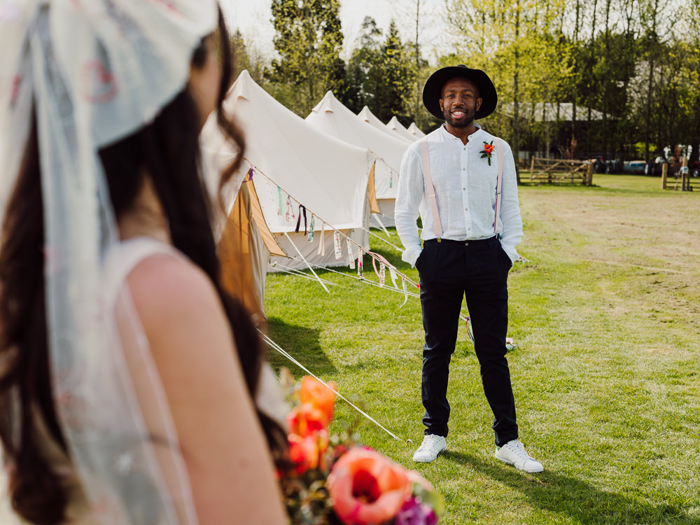 Groom Chinos Hat Shirt Festival Yurt Wedding Scott Carney Photography