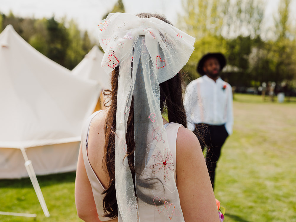 Bride Bridal Bow Veil Embroidered Festival Yurt Wedding Scott Carney Photography