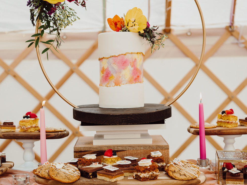 Hoop Backdrop Cake Festival Yurt Wedding Scott Carney Photography