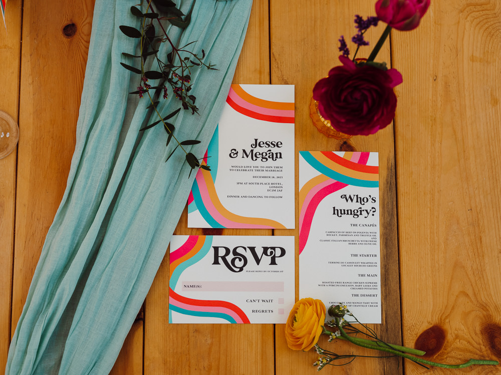 Rainbow Retro Stationery Invite Festival Yurt Wedding Scott Carney Photography