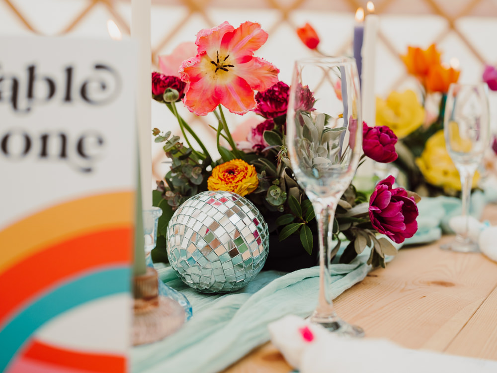 Colourful Spring Flowers Table Decor Disco Ball Festival Yurt Wedding Scott Carney Photography