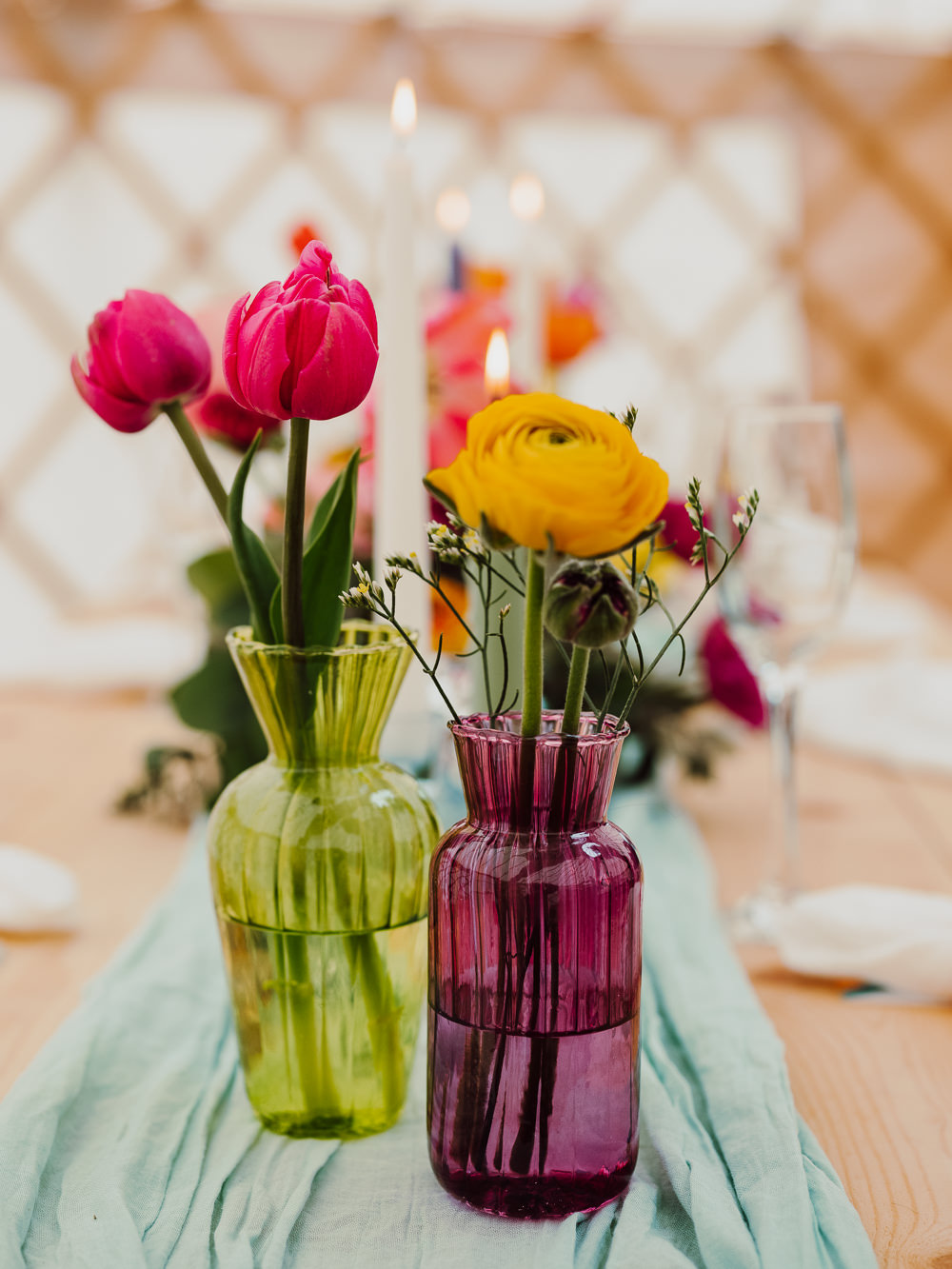 Colourful Spring Flowers Table Decor Festival Yurt Wedding Scott Carney Photography