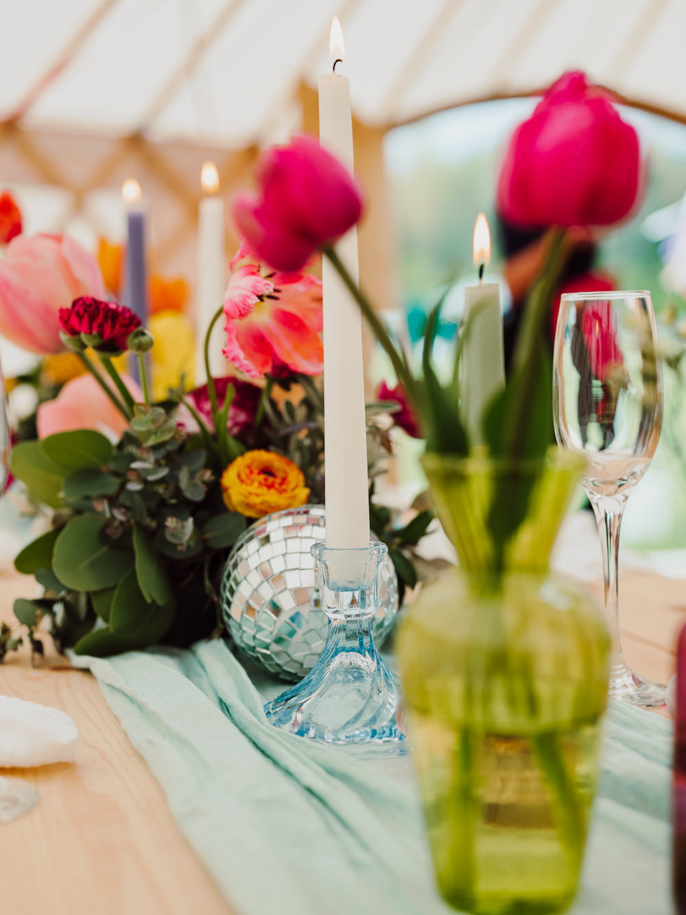 Colourful Spring Flowers Table Decor Disco Ball Festival Yurt Wedding Scott Carney Photography