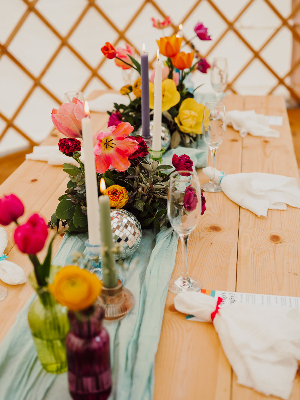 Colourful Spring Flowers Table Decor Disco Ball Festival Yurt Wedding Scott Carney Photography
