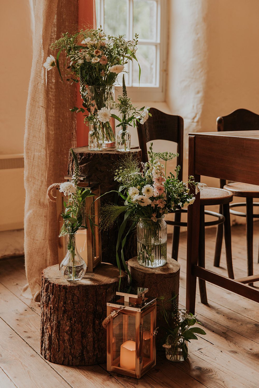 Log Stump Flower Bottle Decor Hardcastle Crags Wedding Maddie Farris Photography