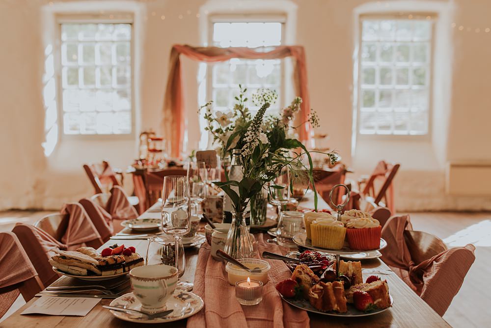 Table Decor Flowers Afternoon Tea Pink Runner Hardcastle Crags Wedding Maddie Farris Photography
