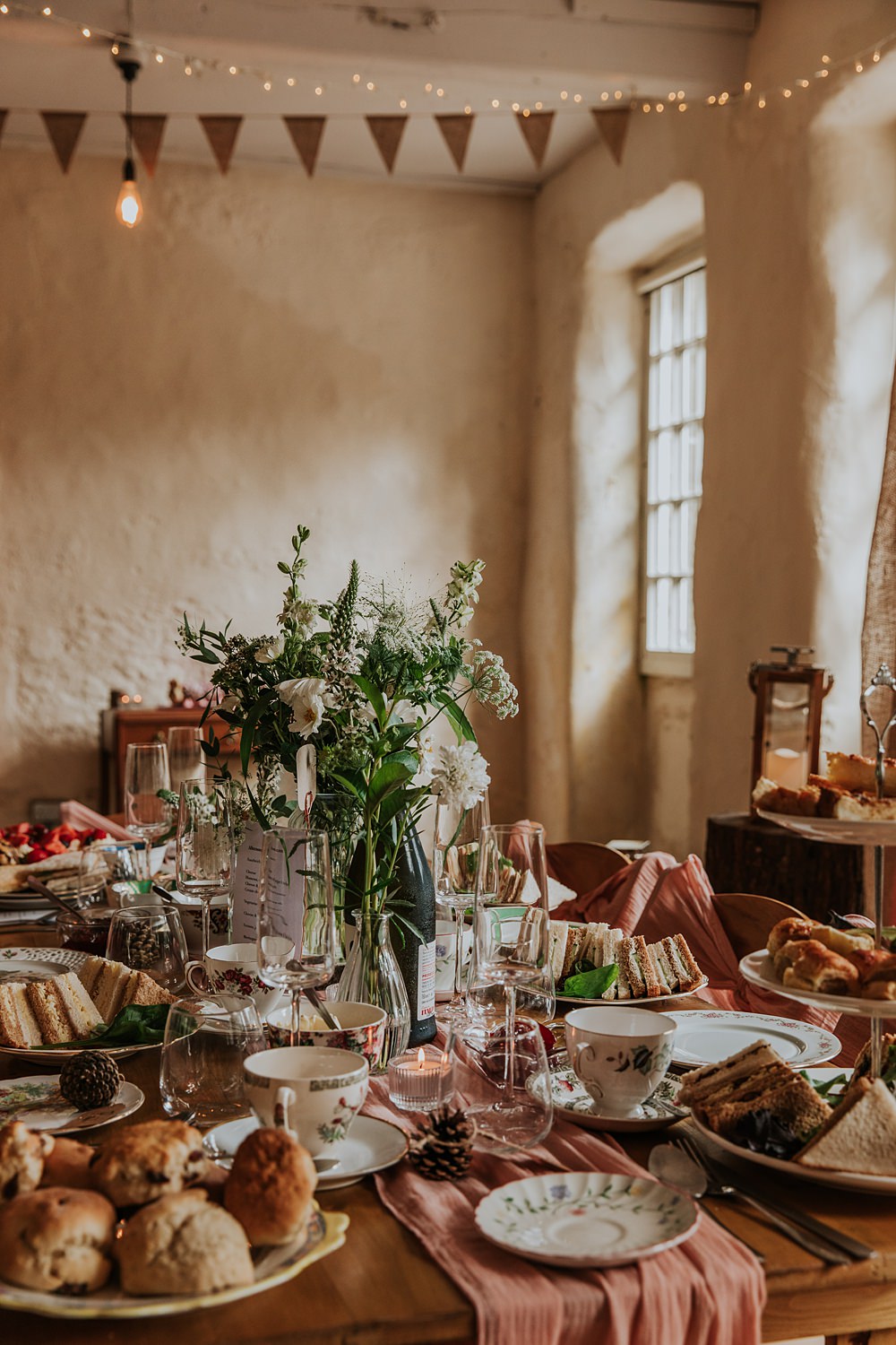 Table Decor Flowers Afternoon Tea Pink Runner Hardcastle Crags Wedding Maddie Farris Photography