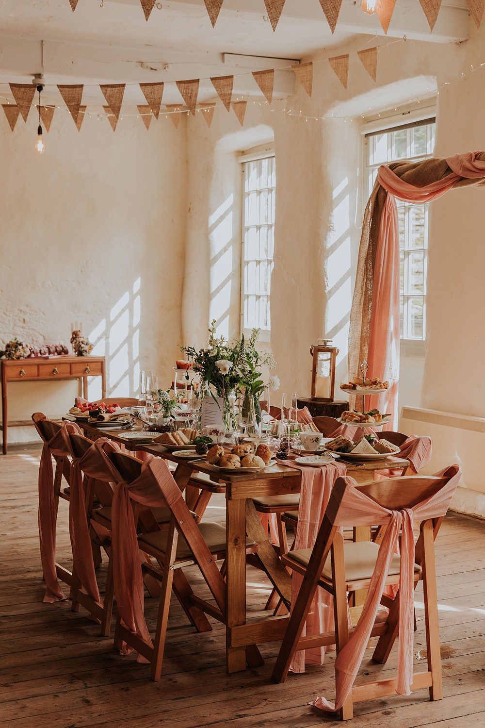 Table Decor Flowers Afternoon Tea Pink Runner Bunting Hardcastle Crags Wedding Maddie Farris Photography