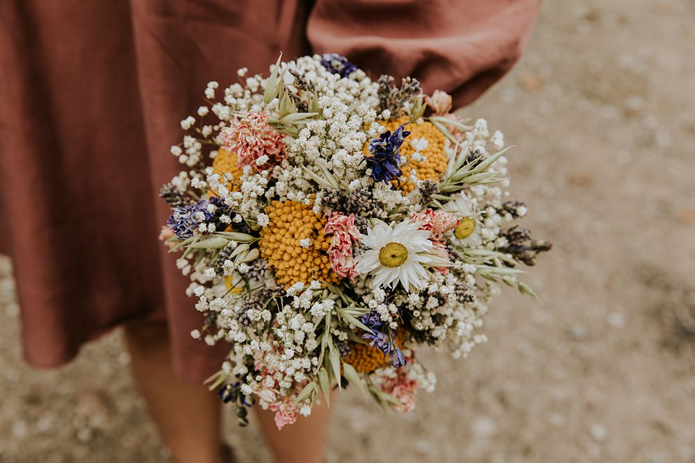 Dried Flower Bouquet Daisy Gypsophila Hardcastle Crags Wedding Maddie Farris Photography