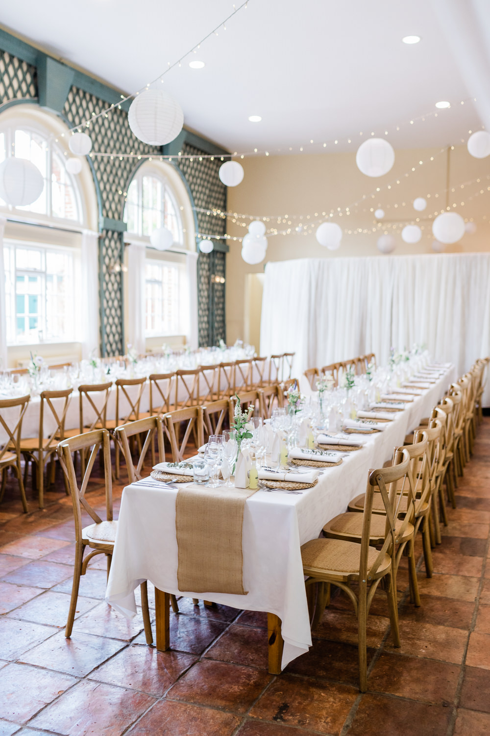 Long Tables Hessian Fairy Lights Lanterns Helmingham Hall Wedding Gemma Giorgio Photography