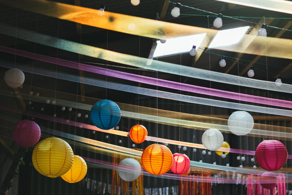 Barn Colourful Lanterns Decor Ribbons Holsome Park Wedding Emma Stoner