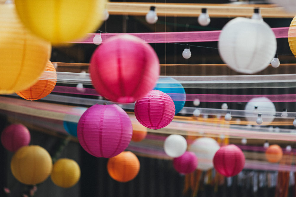 Barn Colourful Lanterns Decor Ribbons Park Wedding Emma Stoner