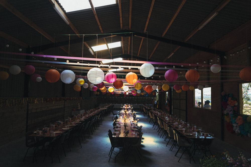 Barn Colourful Lanterns Decor Long Tables Holsome Park Wedding Emma Stoner