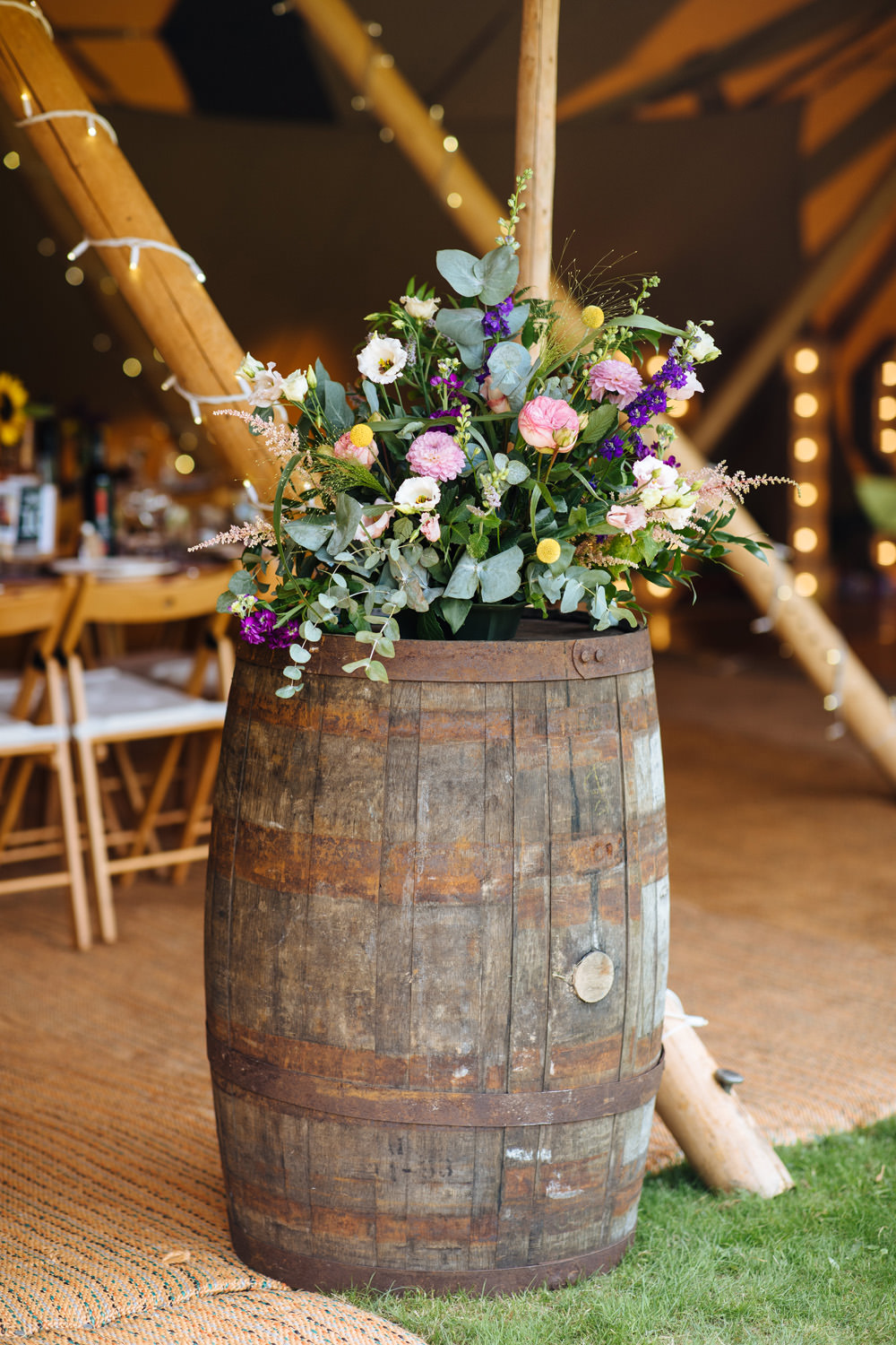Flower Arrangement Coral Rose Stocks Fresia Dahlia Wooden Barrel Lynsted Park Wedding Laura Debourde Photography