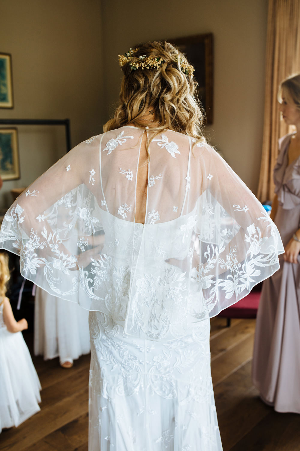 Dress Gown Bride Bridal Cape Lace Sleeves Lynsted Park Wedding Laura Debourde Photography