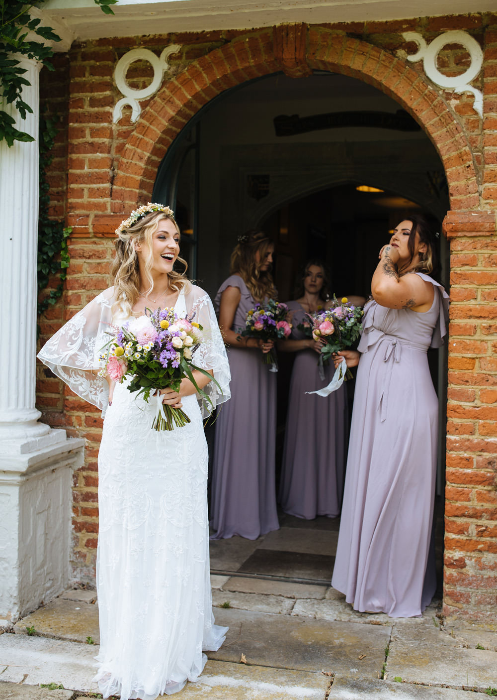 Dress Gown Bride Bridal Cape Lace Sleeves Lynsted Park Wedding Laura Debourde Photography