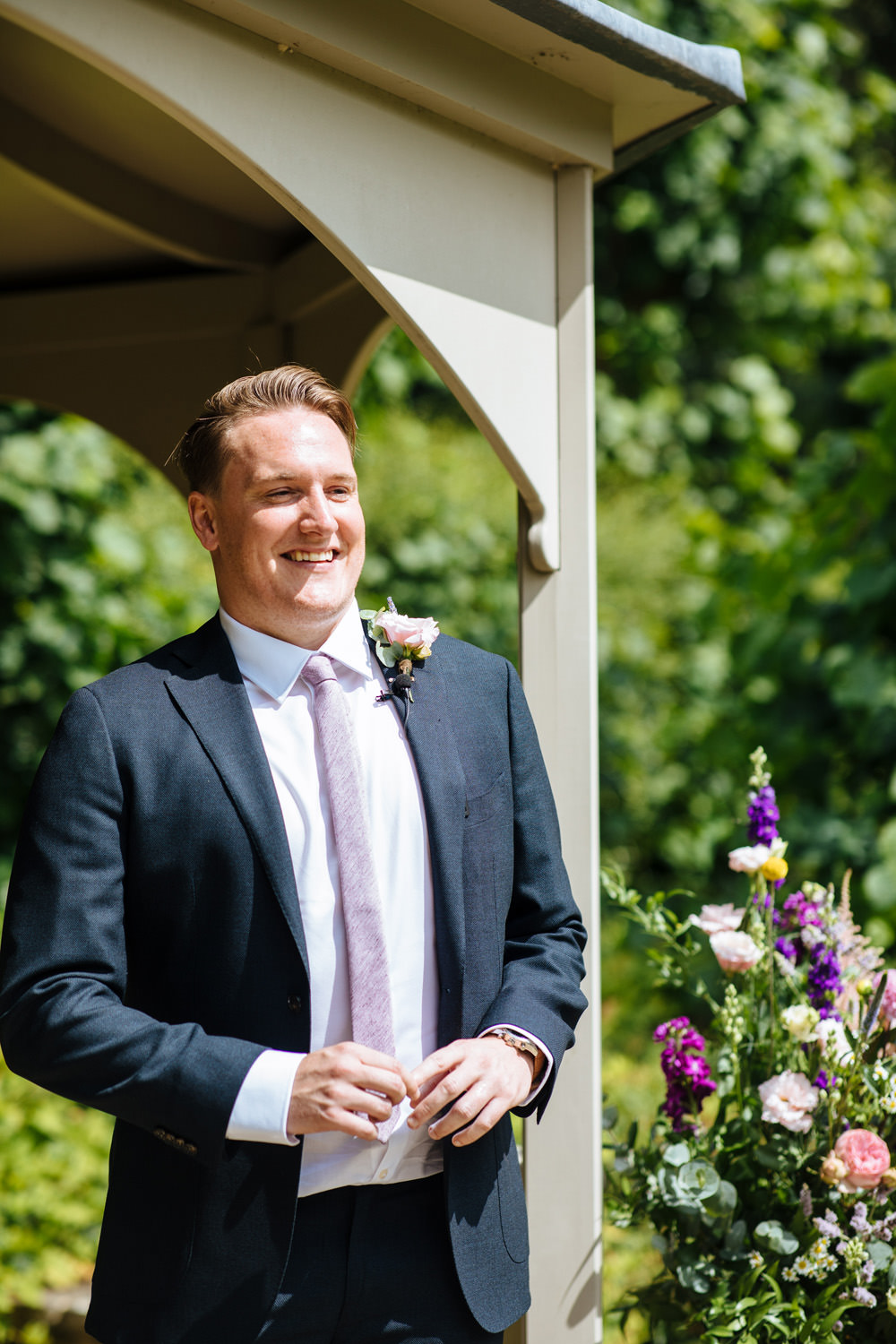 Groom Suit Purple Tie Lynsted Park Wedding Laura Debourde Photography