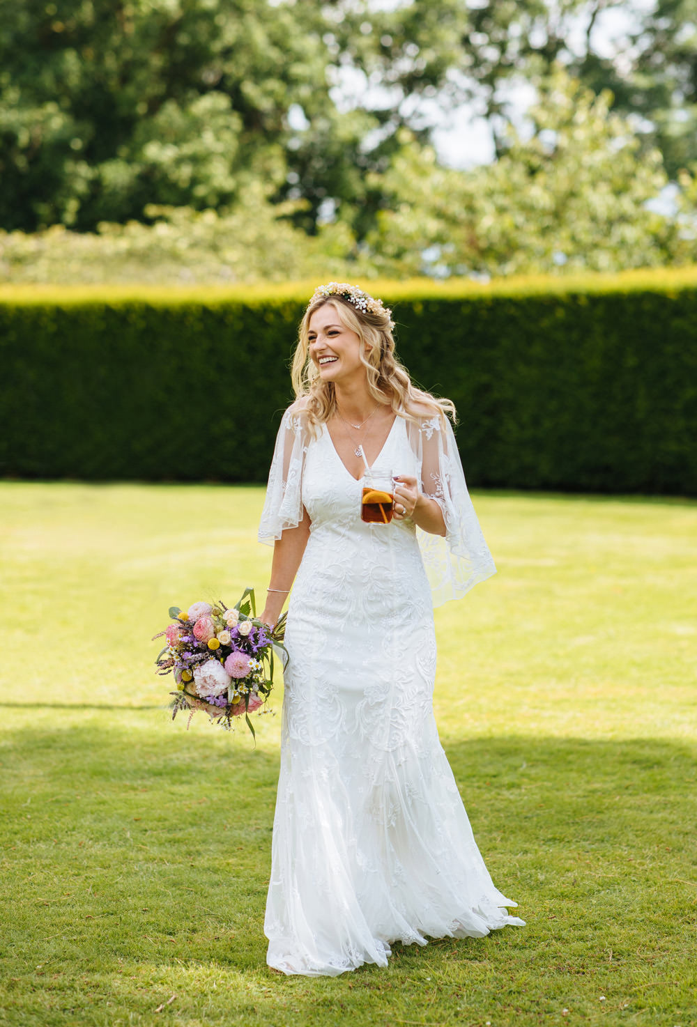 Dress Gown Bride Bridal Cape Lace Sleeves Lynsted Park Wedding Laura Debourde Photography