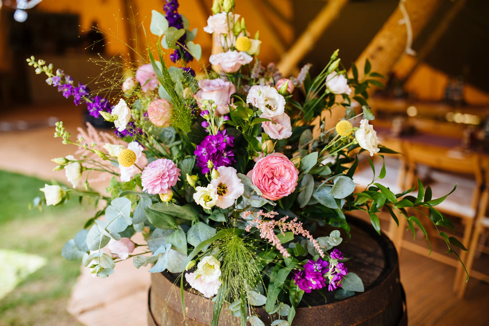 Flower Arrangement Coral Rose Stocks Fresia Dahlia Lynsted Park Wedding Laura Debourde Photography