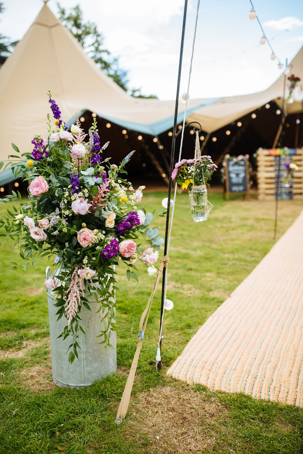Flower Arrangement Coral Rose Stocks Fresia Dahlia Milk Churn Lynsted Park Wedding Laura Debourde Photography