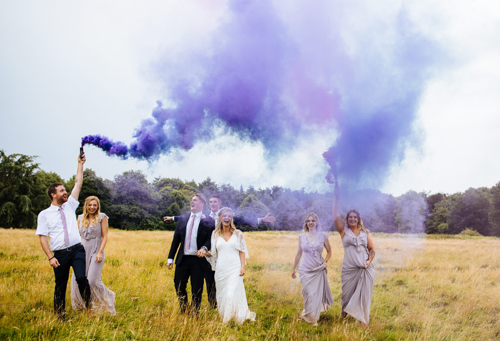Smoke Flares Purple Pink Lynsted Park Wedding Laura Debourde Photography