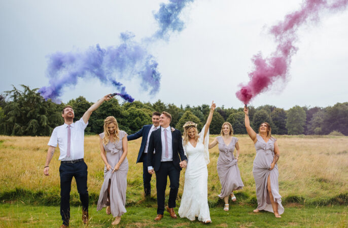 Smoke Flares Purple Pink Lynsted Park Wedding Laura Debourde Photography