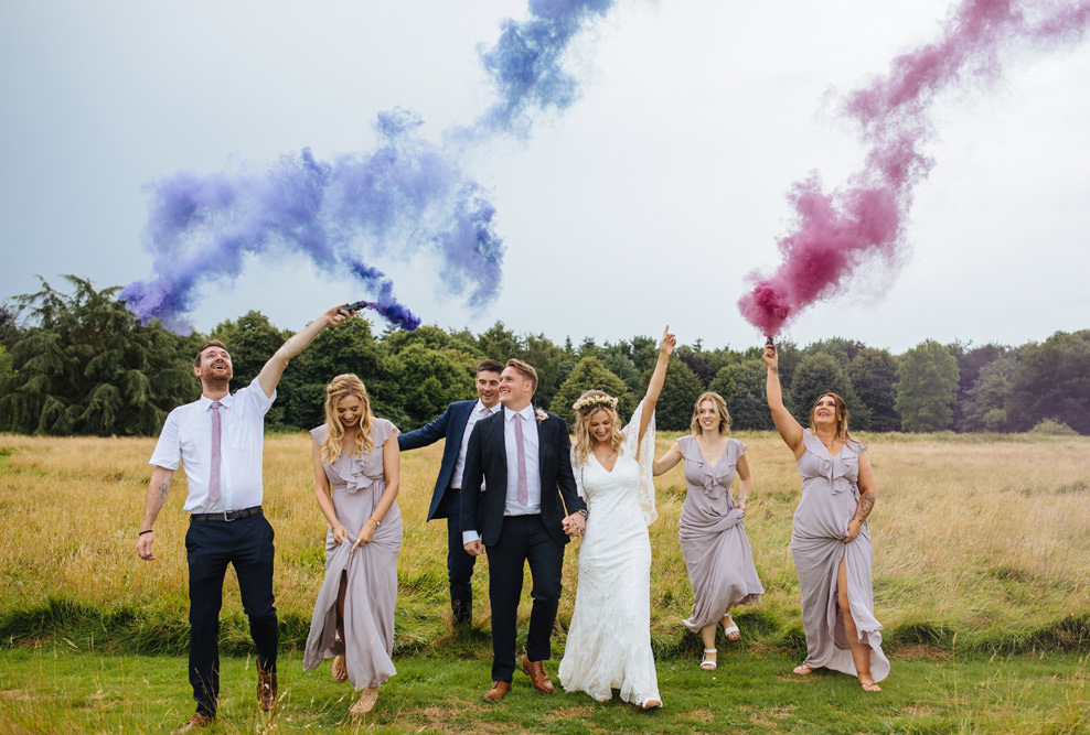 Smoke Flares Purple Pink Lynsted Park Wedding Laura Debourde Photography