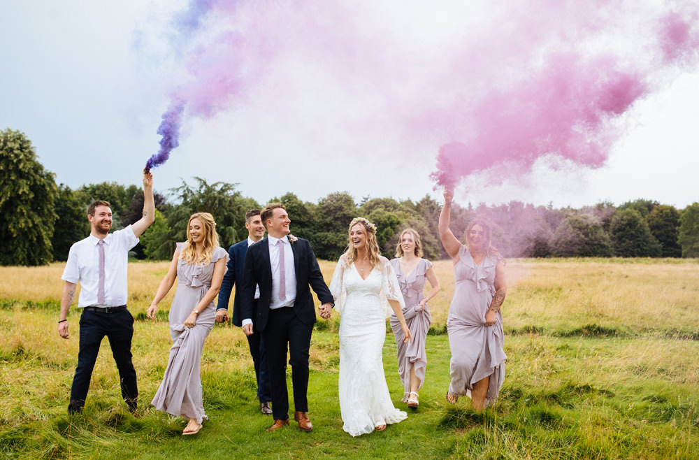 Smoke Flares Purple Pink Lynsted Park Wedding Laura Debourde Photography