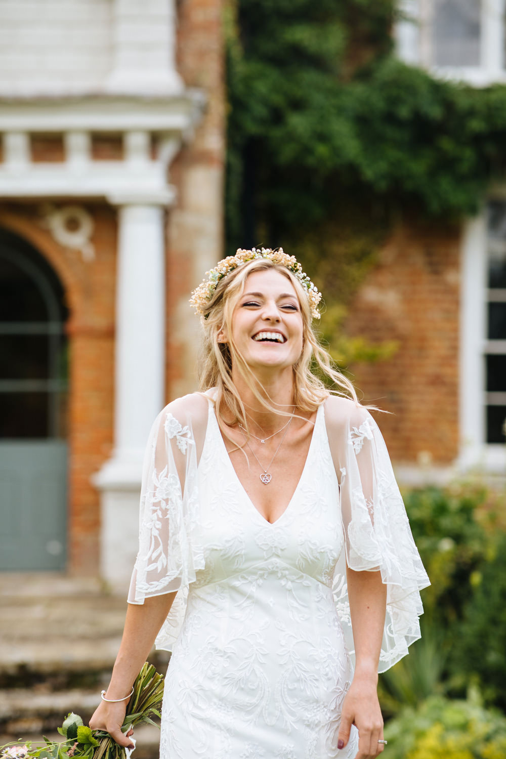 Dress Gown Bride Bridal Cape Lace Sleeves Lynsted Park Wedding Laura Debourde Photography