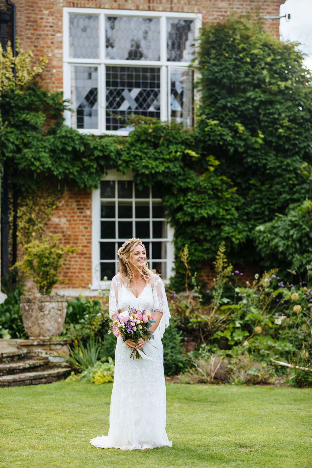 Dress Gown Bride Bridal Cape Lace Sleeves Lynsted Park Wedding Laura Debourde Photography