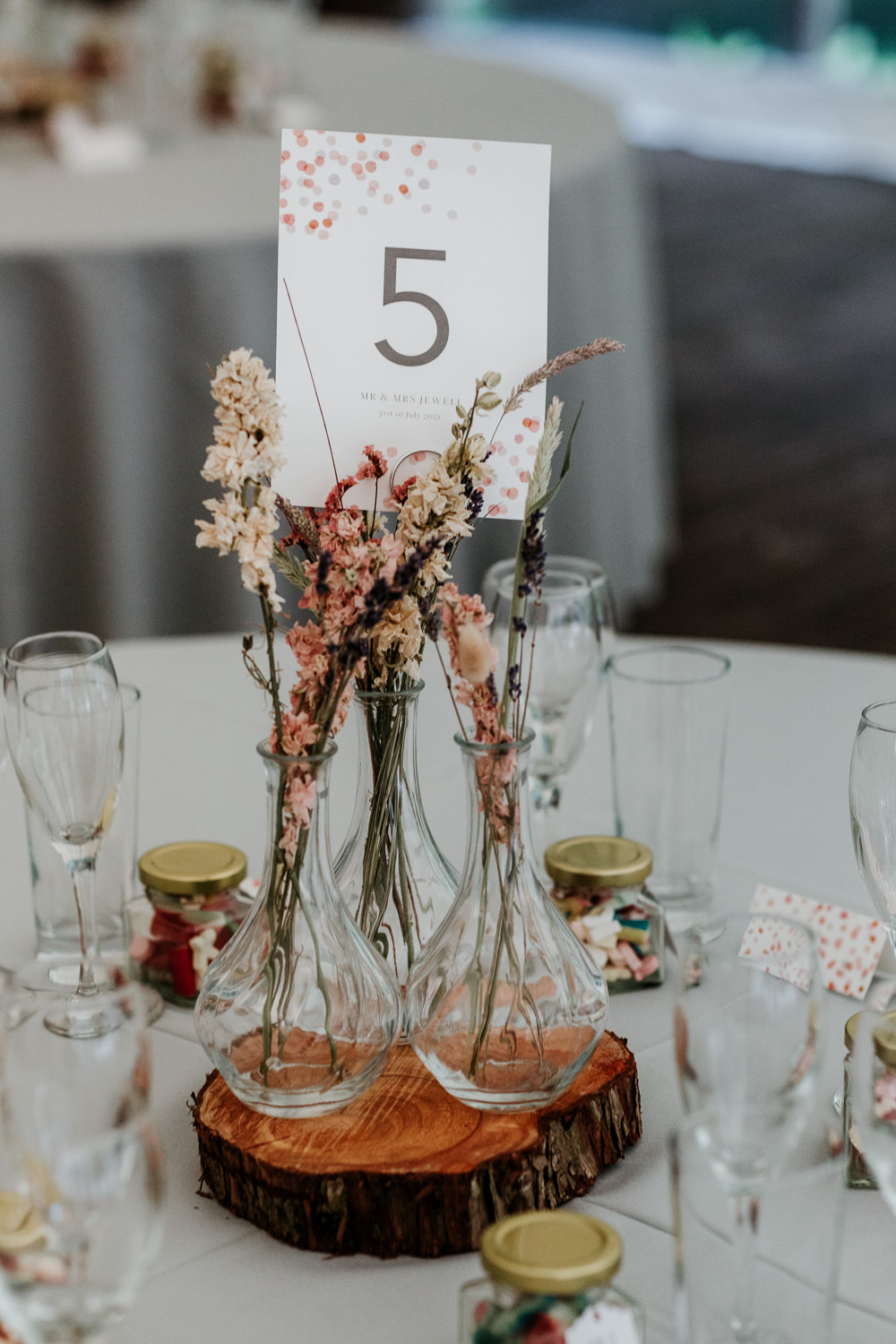 Centrepiece Bottle Flowers Stocks Lavender Wheat Log Slice Table Number Made With Love Lola Wedding Dress Annie Bradney Photography