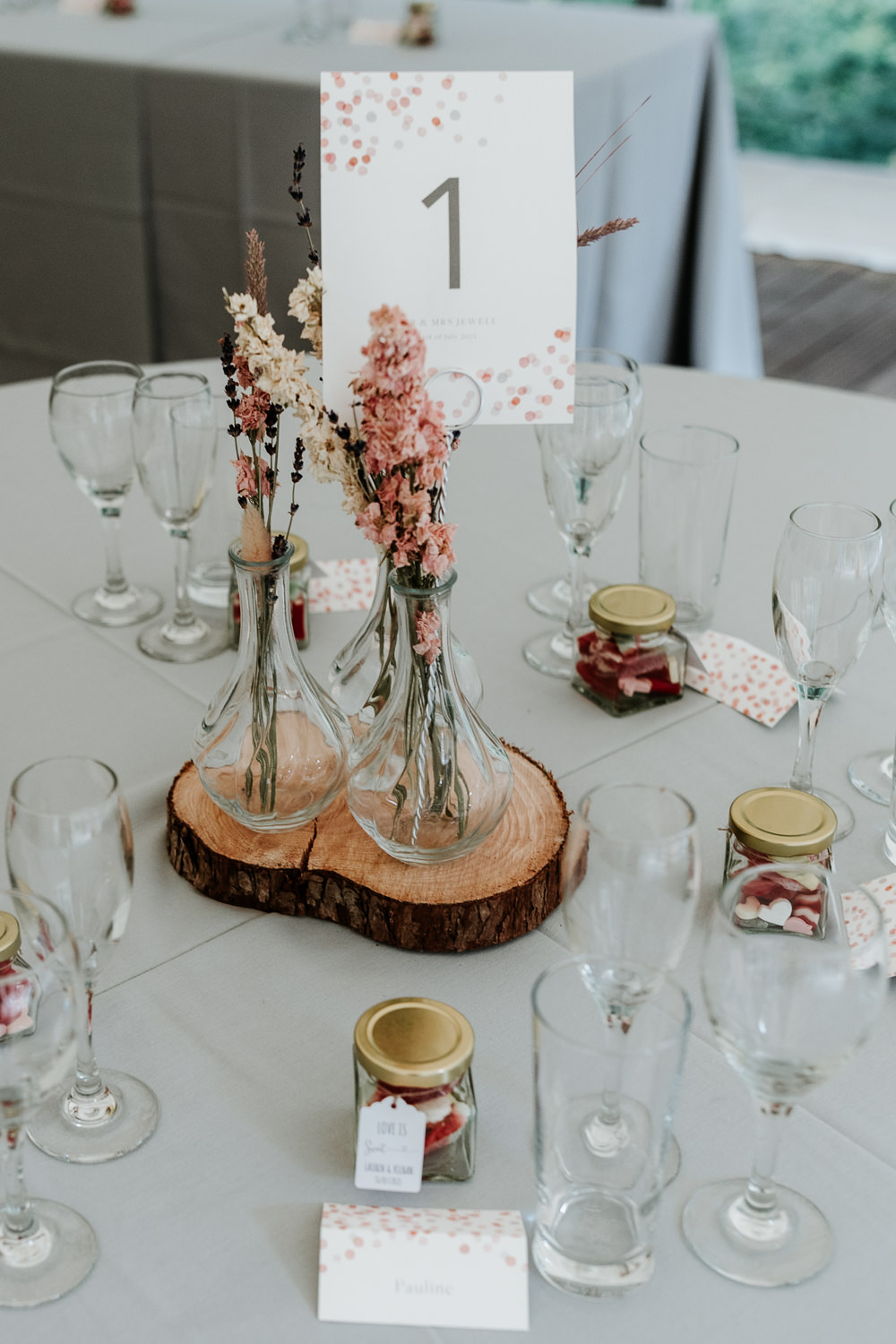 Centrepiece Bottle Flowers Stocks Lavender Wheat Log Slice Table Number Made With Love Lola Wedding Dress Annie Bradney Photography