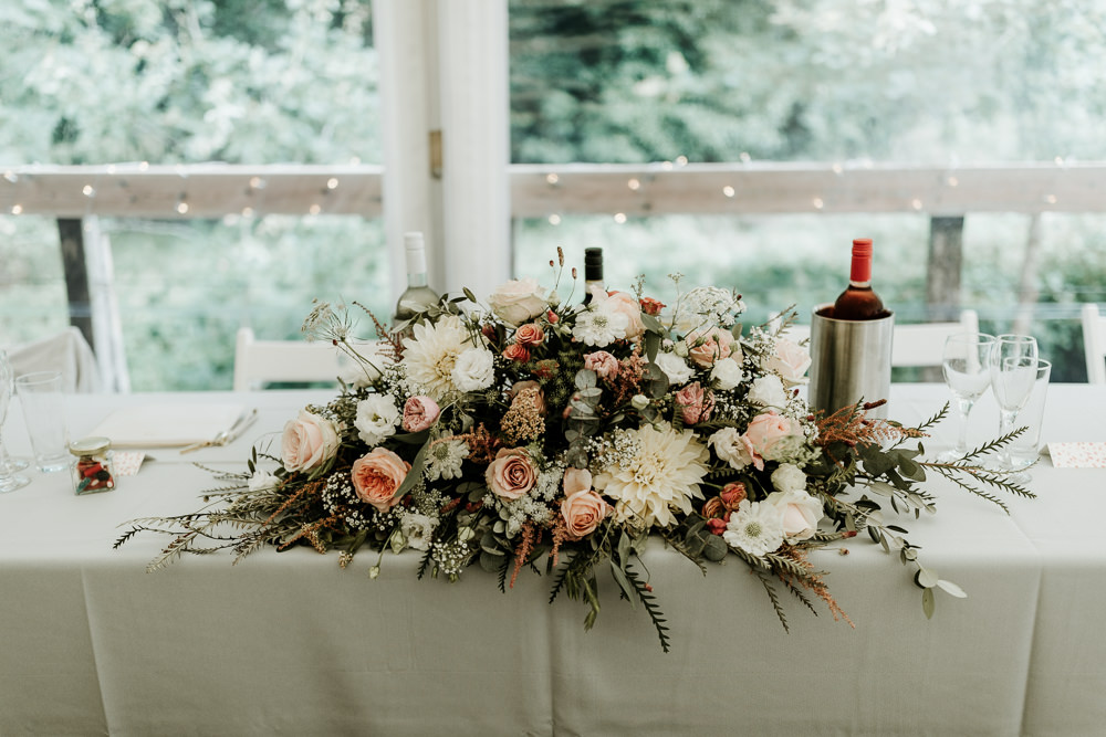 Top Table Flowers Peach White Dahlia Rose Made With Love Lola Wedding Dress Annie Bradney Photography