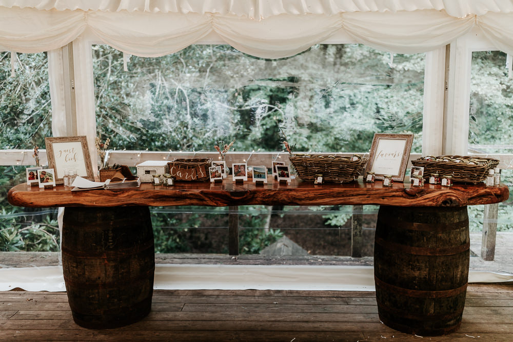 Rustic Wooden Table Barrel Decor Made With Love Lola Wedding Dress Annie Bradney Photography