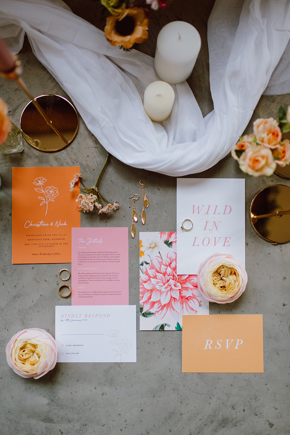 Montague Farm Wedding Jessica Bevan Photography Stationery Invite Orange Pink