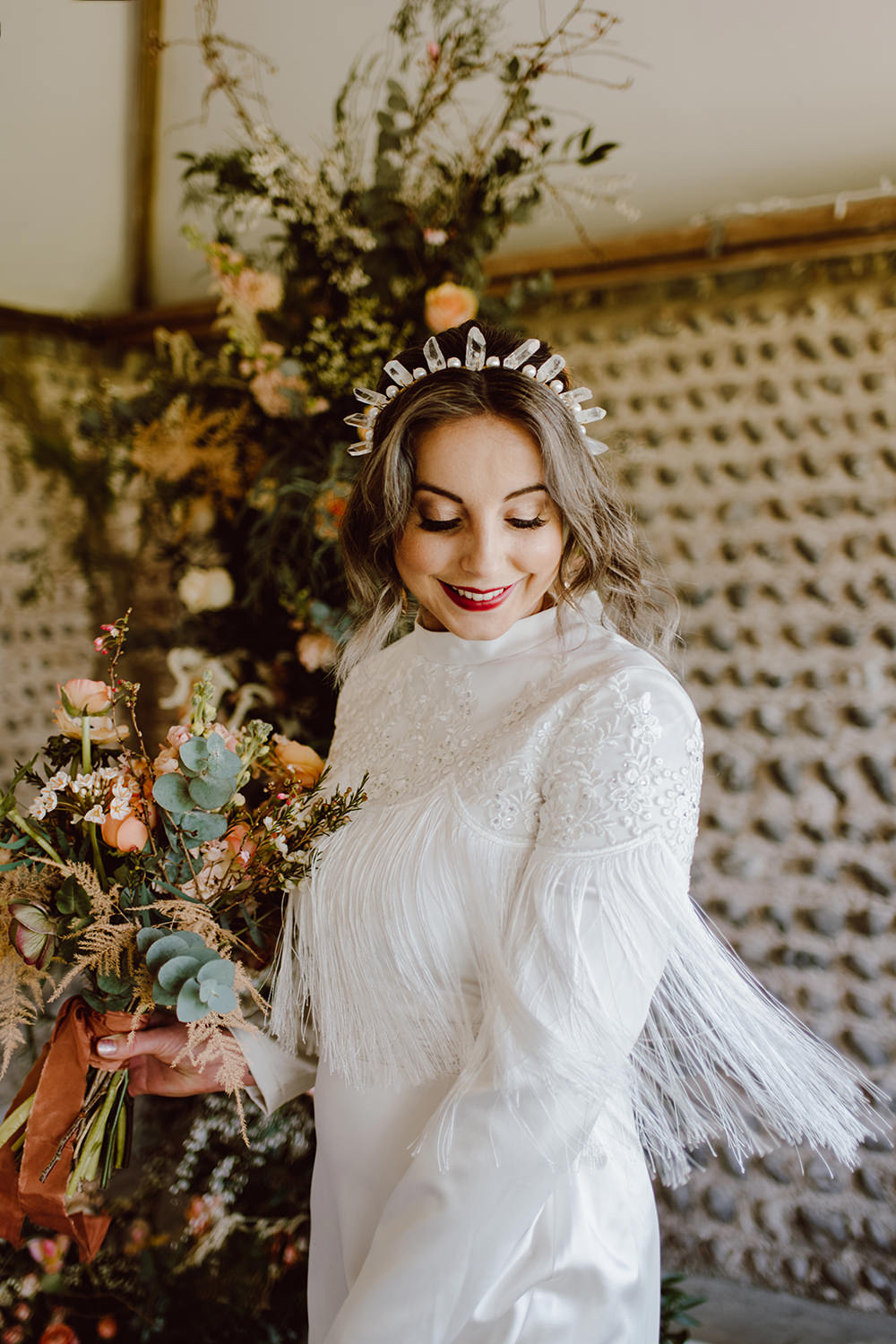Bride Bridal Dress Tassel Long Sleeve Montague Farm Wedding Jessica Bevan Photography