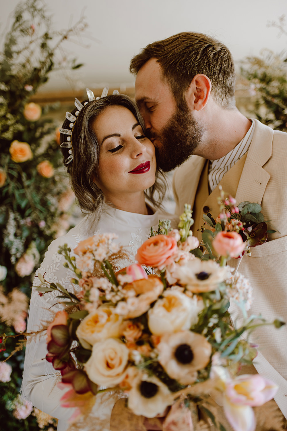 Bouquet Flowers Bride Bridal Peach Anemone Ranunculus Rose Daisy Peach Pink Montague Farm Wedding Jessica Bevan Photography