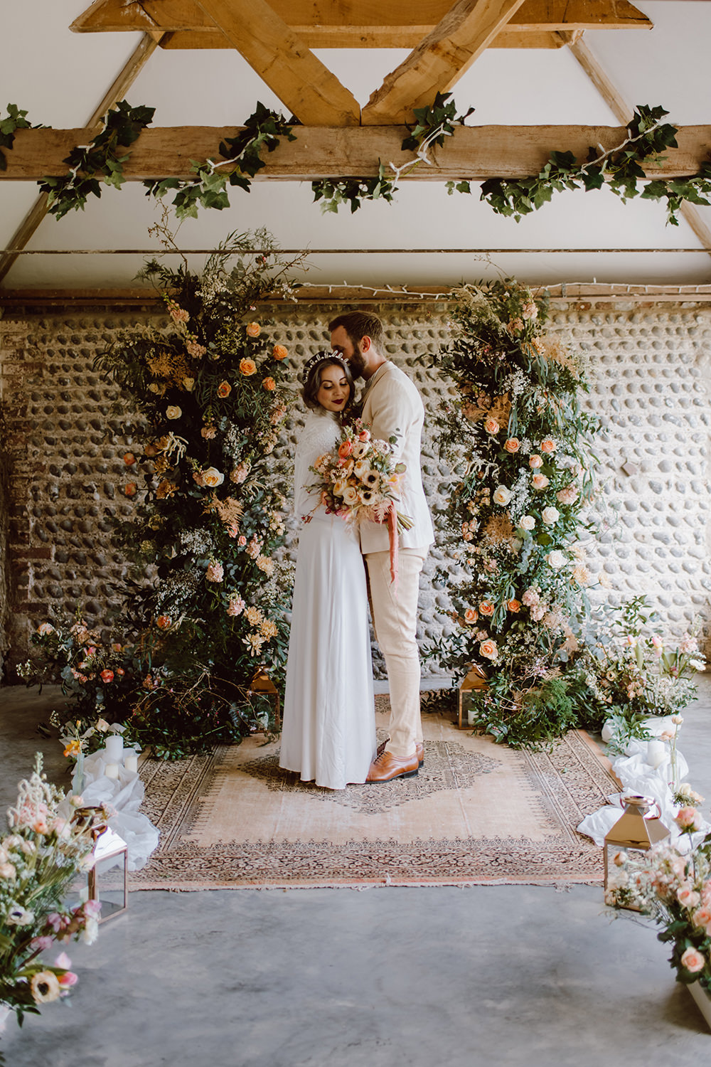 Flower Installation Backdro Greenery Peach Aisle Ceremony Montague Farm Wedding Jessica Bevan Photography