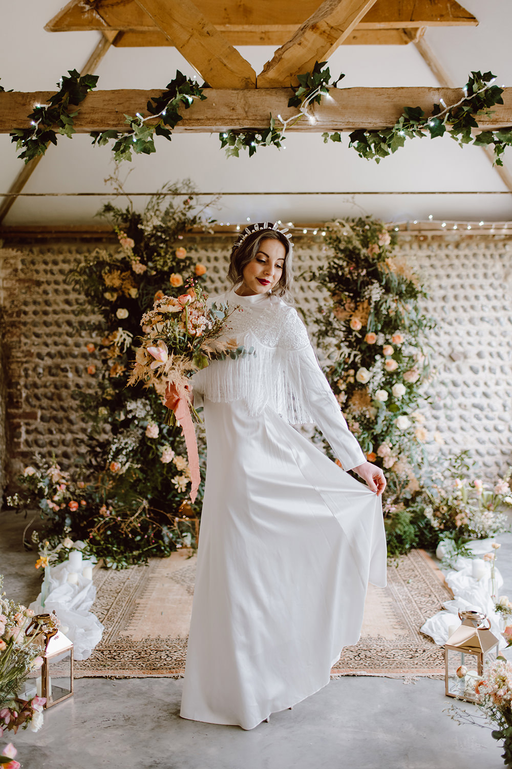 Bride Bridal Dress Tassel Long Sleeve Montague Farm Wedding Jessica Bevan Photography