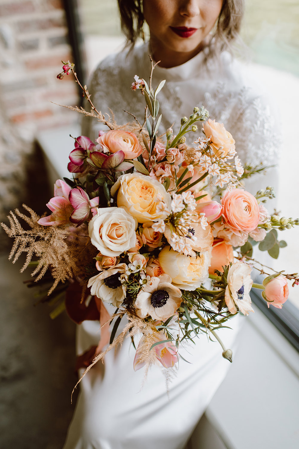 Bouquet Flowers Bride Bridal Peach Anemone Ranunculus Rose Daisy Peach Pink Montague Farm Wedding Jessica Bevan Photography