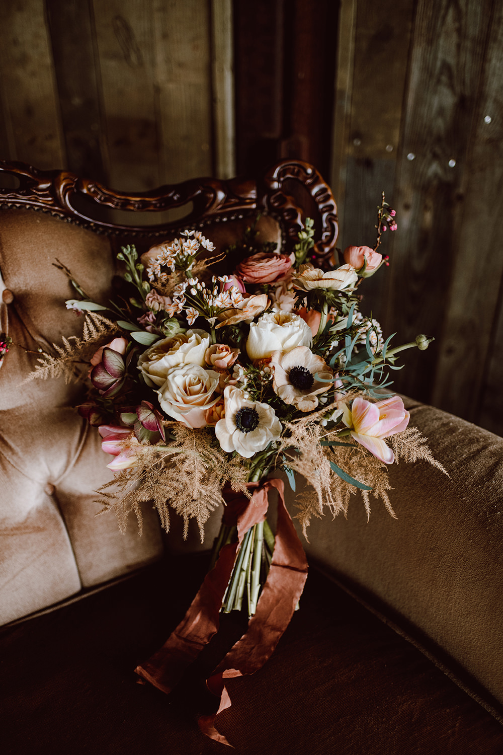 Bouquet Flowers Bride Bridal Peach Anemone Ranunculus Rose Daisy Peach Pink Montague Farm Wedding Jessica Bevan Photography